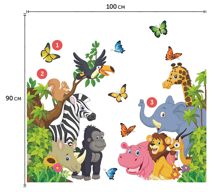 Детские наклейки на стену животные в джунглях