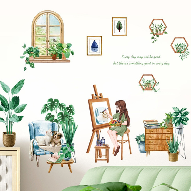 Наклейка девочки с растениями на стену