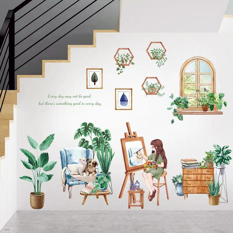 Наклейка девочки с растениями на стену