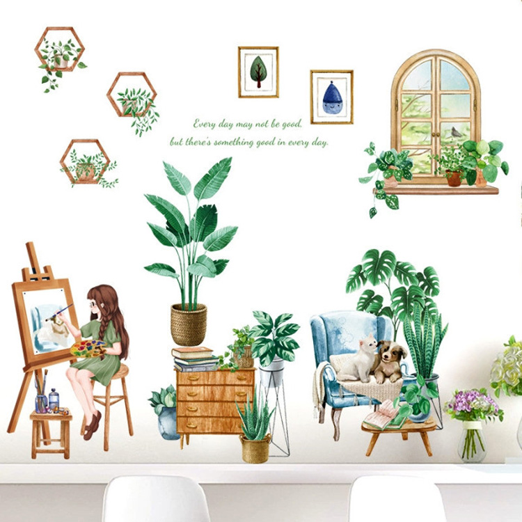 Наклейка девочки с растениями на стену