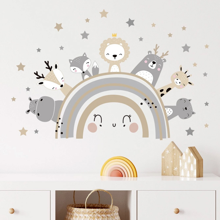 Наклейка на стіну з тваринами на веселці