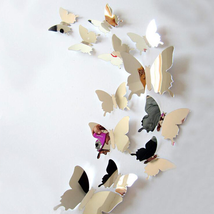 Зеркальные бабочки для декора / скотч / 12 шт